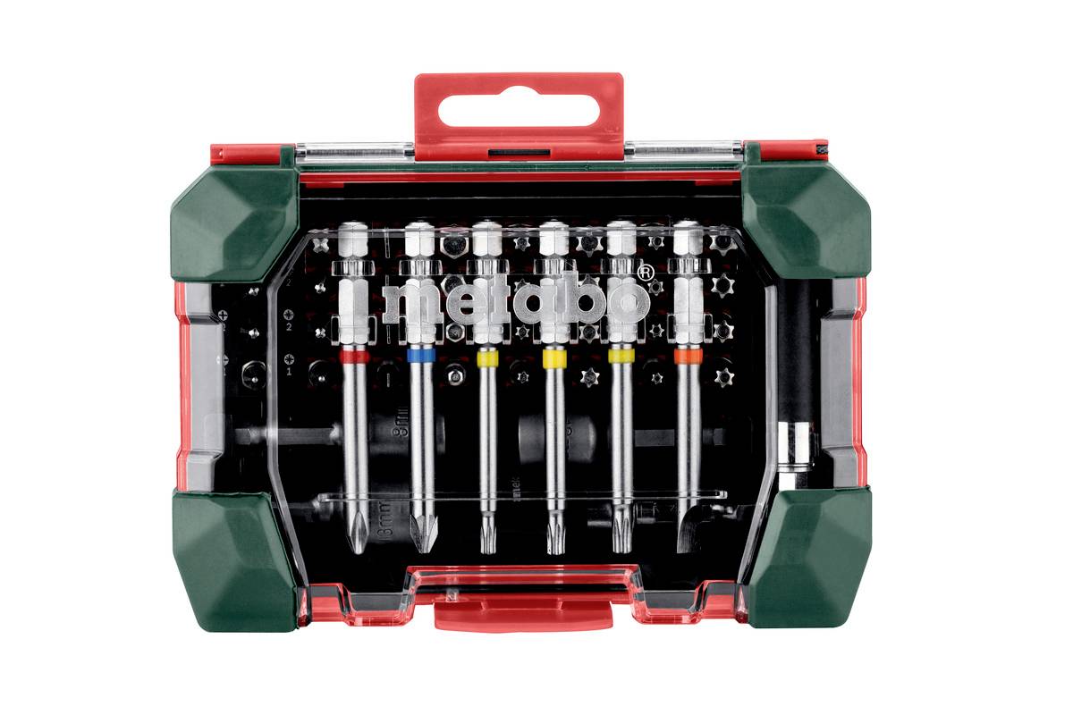 A meta box contains Metabo bit inserts in various sizes, neatly arranged and labelled. Ideal for precise work.