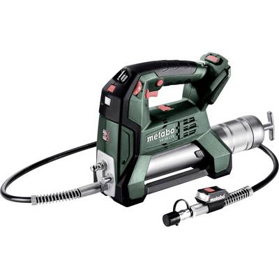 Cordless Metabo power tool with a handle, hose, and metal cylinder attachment, shown on a white background.