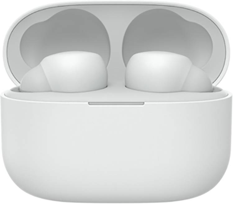 Open, white charging case with two wireless earbuds.
