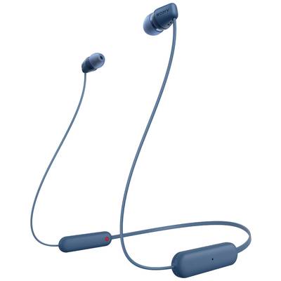 Blue wireless in-ear headphones with a neckband. Sony logo on the left.