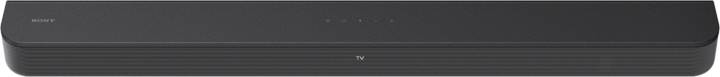 Black soundbar with minimalist design, centrally located controls, and ribbed front grille. Perfect for home cinema.