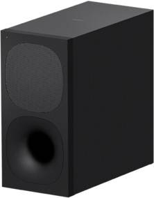 A black speaker with a square design. A small green light on top, a large speaker grille at the front, and a bass reflex port.