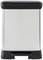 A rectangular, silver-coloured rubbish bin with a black lid, featuring a foot pedal at the bottom; suitable for waste disposal in kitchens or offices.