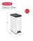 A white, rectangular waste bin with a black lid. Dimensions: height 61cm, width 25cm, depth 42cm. Capacity: 40 litres.