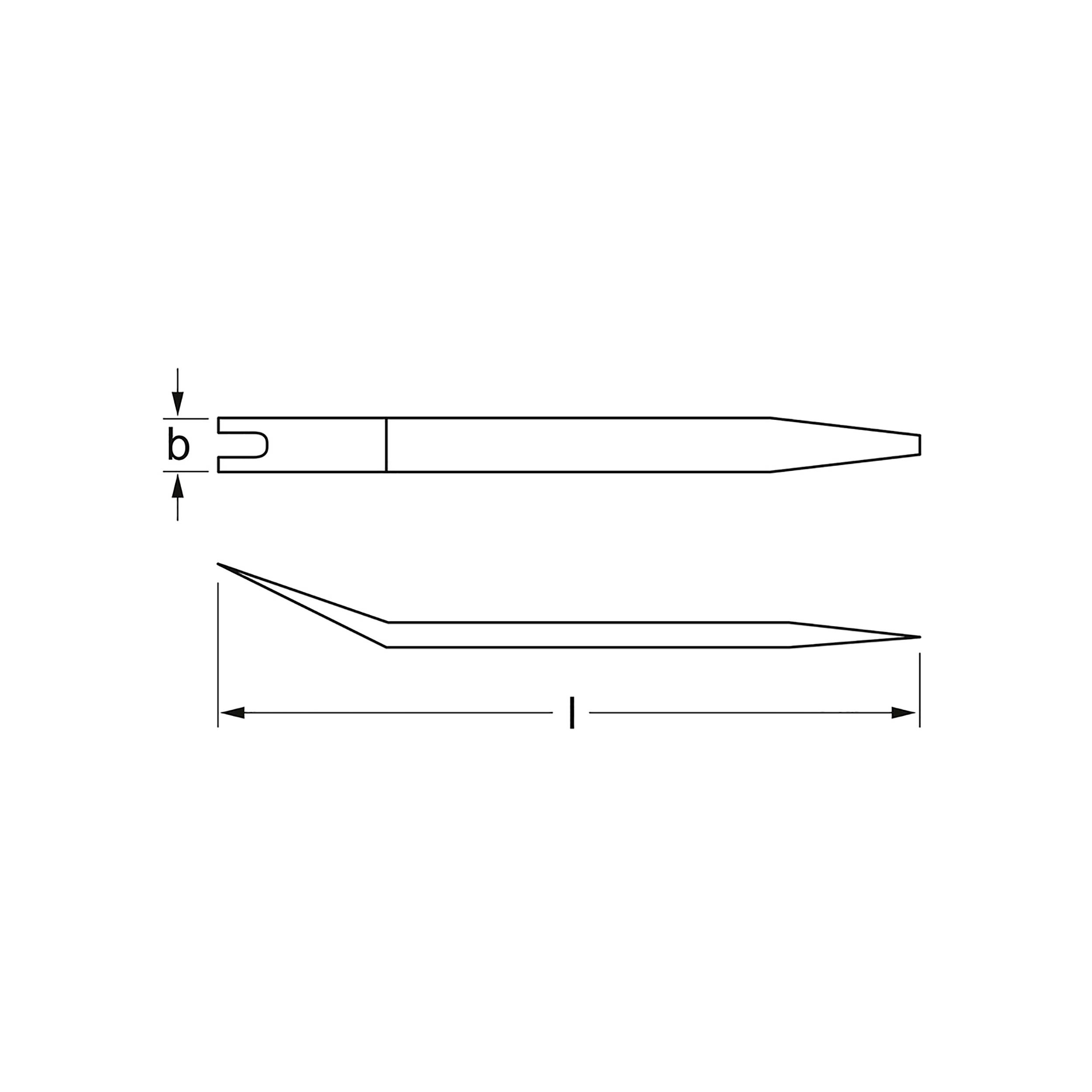 Technical drawing of a metal spatula. Shows length (l) and width (b) with dimensional specifications. Profile view with angled end.