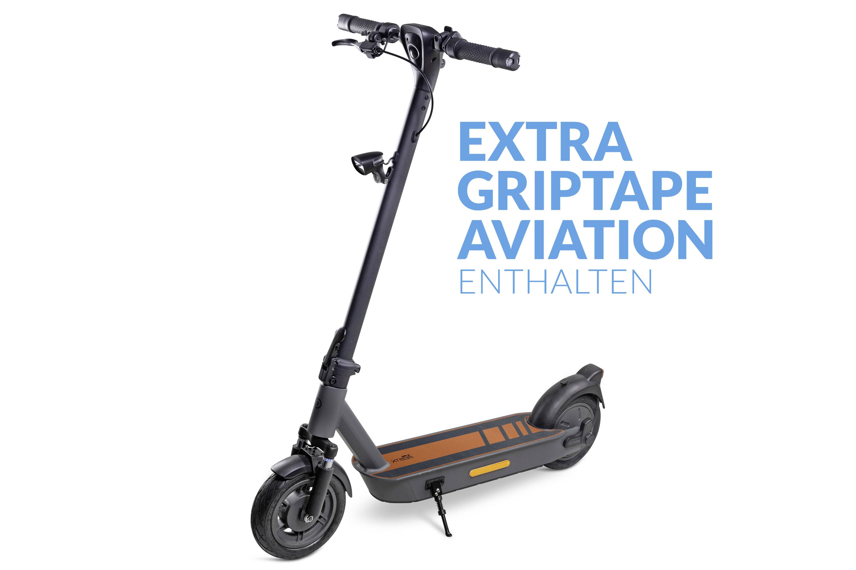 A black electric scooter with an orange deck is positioned at an angle. To the right of the scooter, the text reads 'EXTRA GRIP TAPE INCLUDED'.