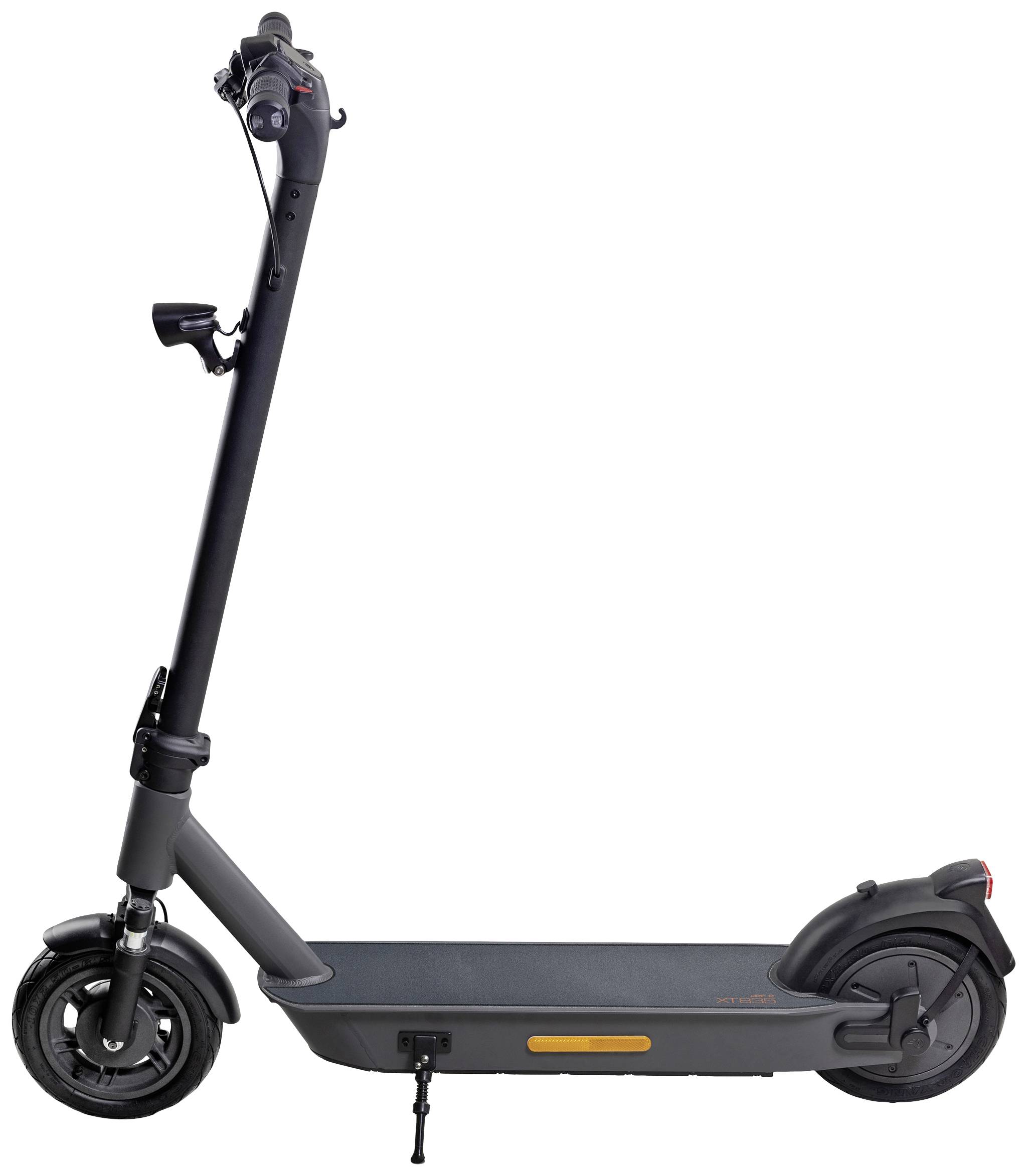 A black electric scooter stands upright with its stand extended. The handlebars have brakes and a light, with a mudguard at the rear.