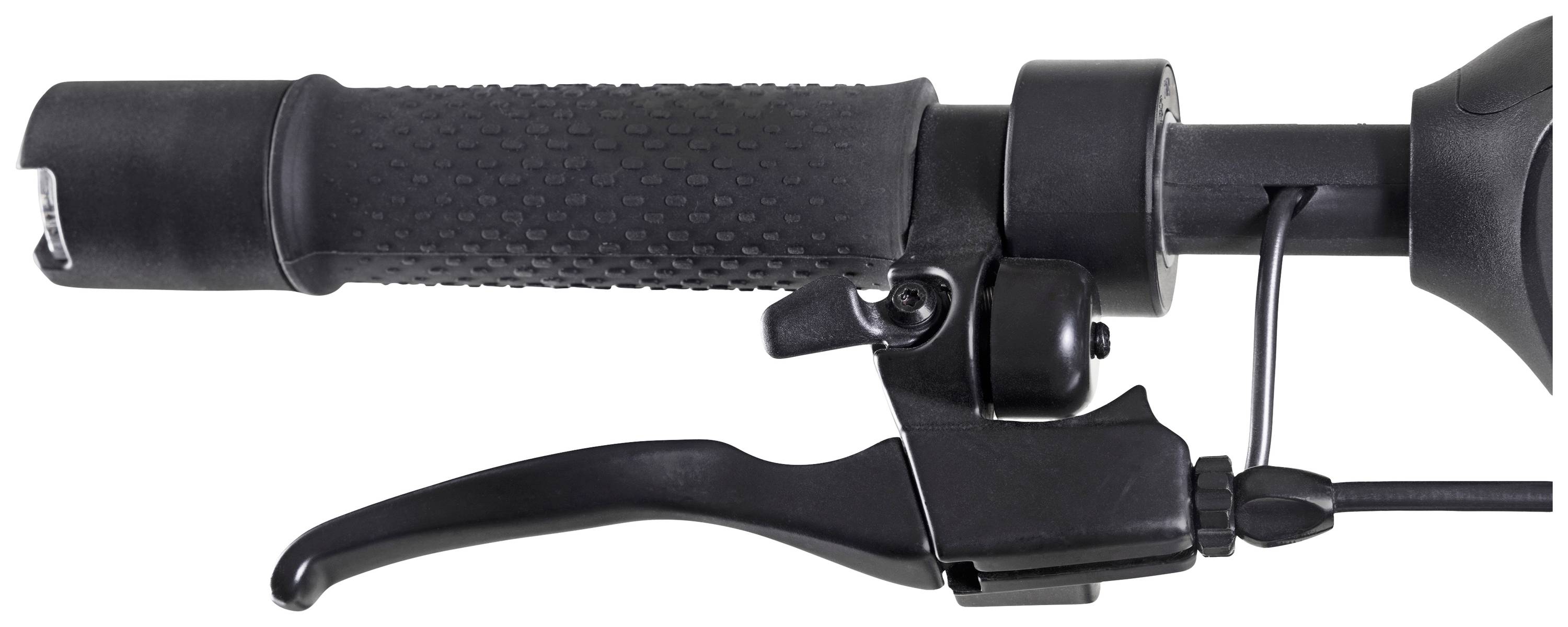 A bicycle handlebar with a black grip and metal brake lever, connected by cables.