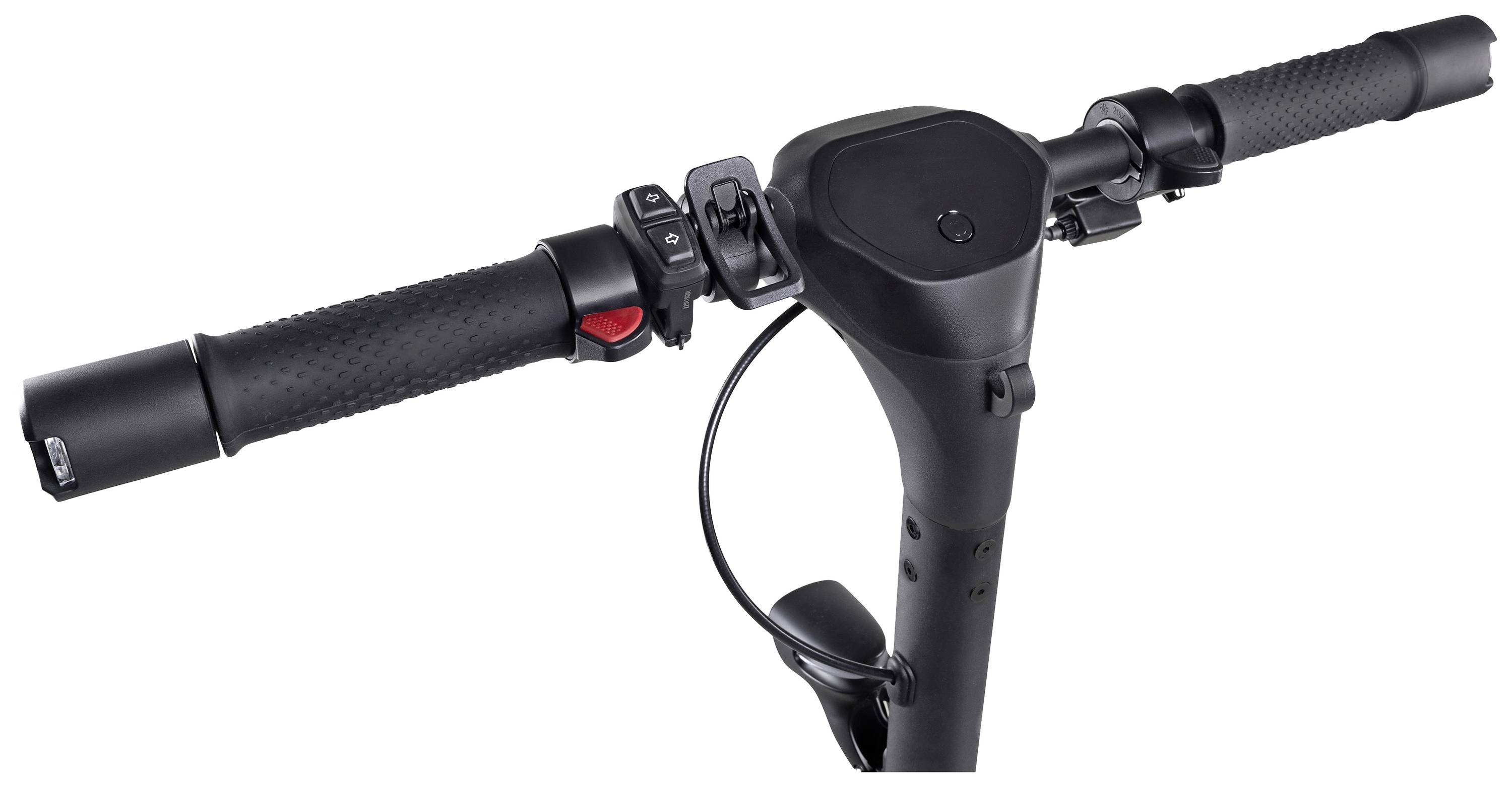 Black e-scooter handlebar with brake lever and display. The handlebar has a non-slip surface and additional control elements.