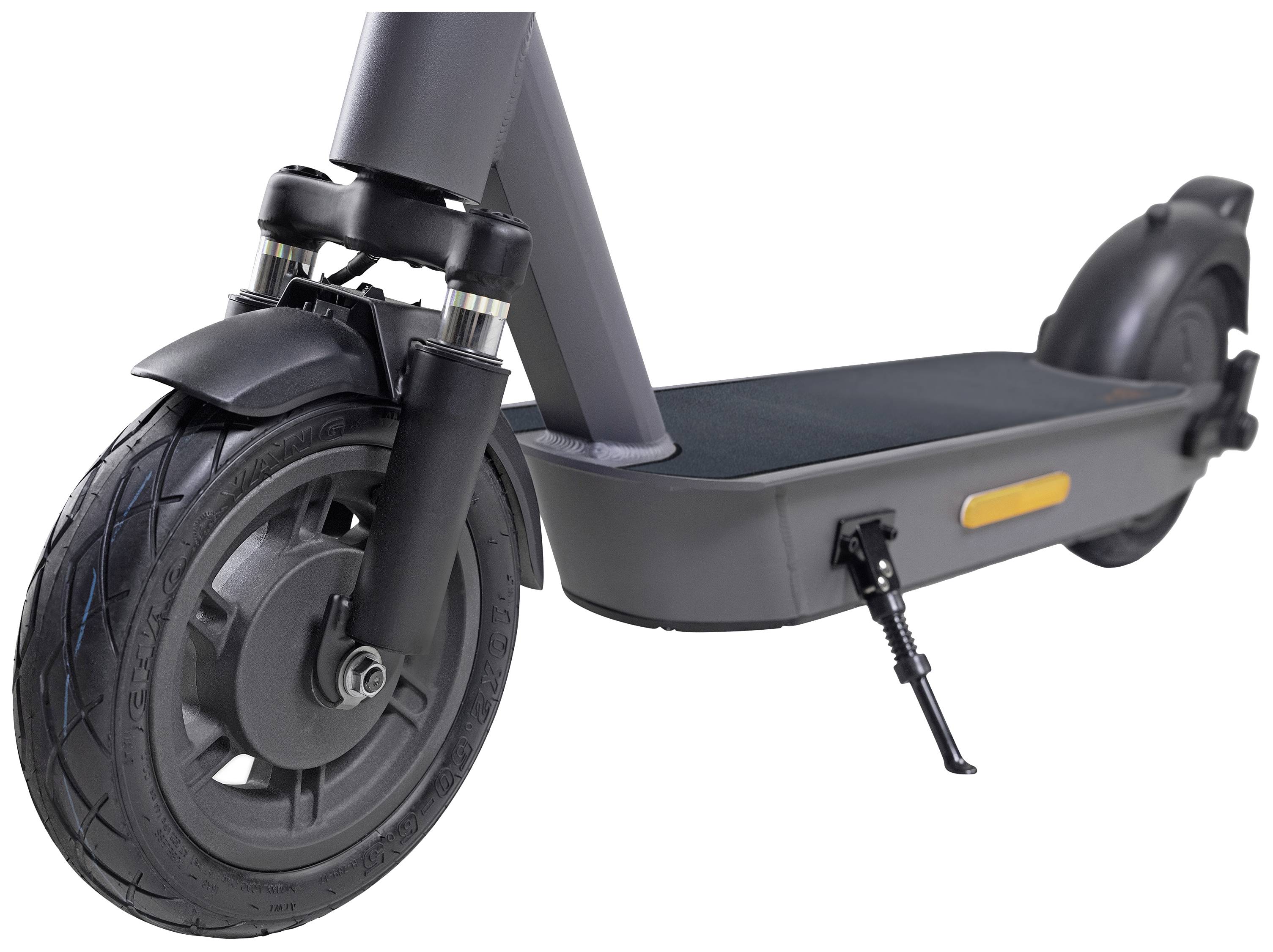 Electric scooter with a thick tyre, sturdy frame and unfolded stand on a light background. Suitable for urban transport.