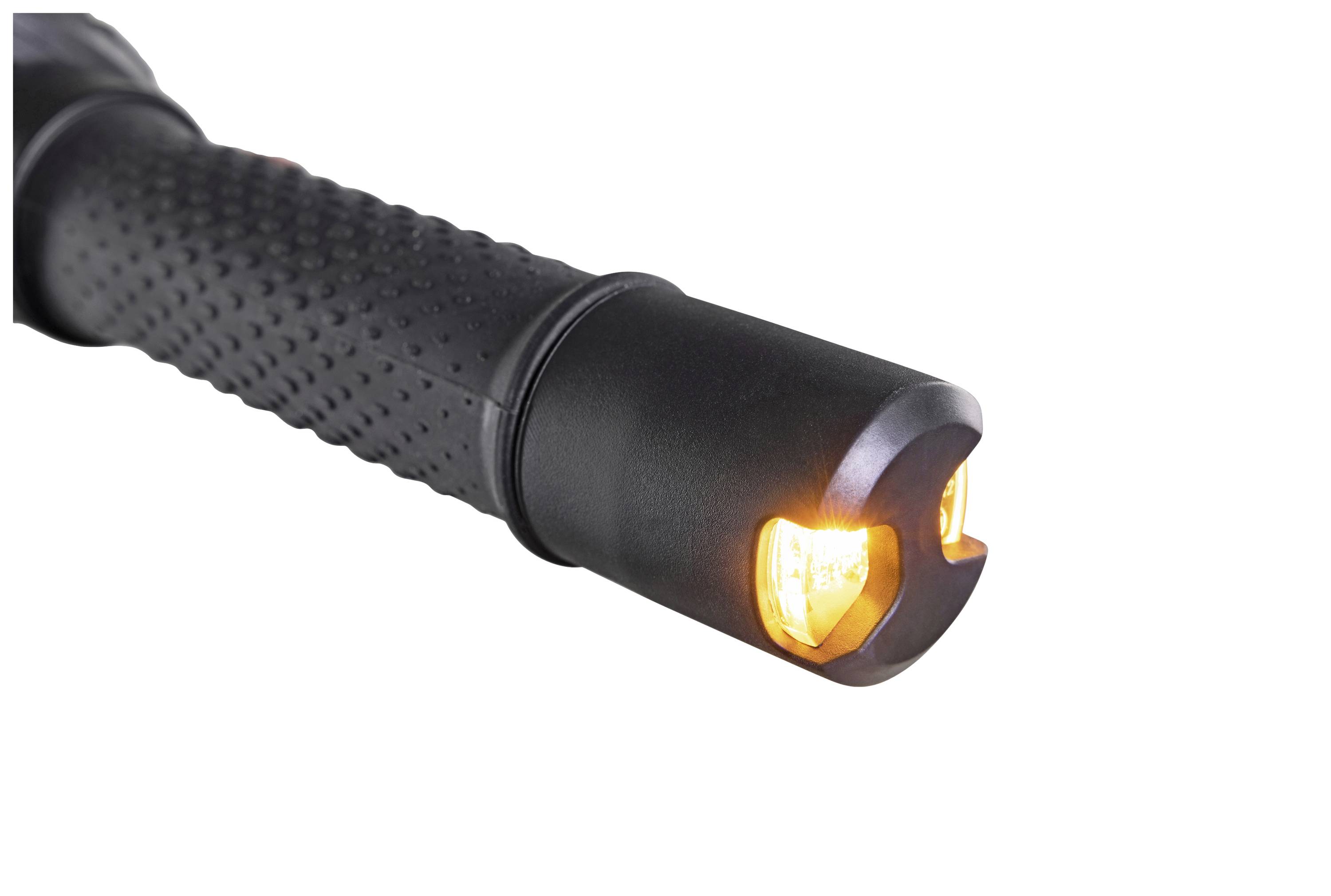 Black torch with a rubberised grip and glowing orange lights on the side, isolated on a white background.