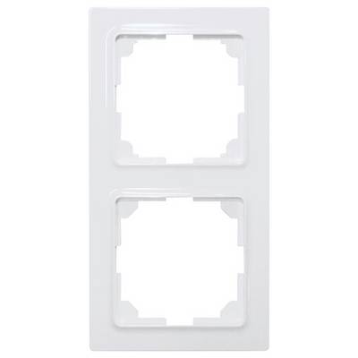 White double frame for two switches or sockets, suitable for interior walls. Rectangular shape with rounded corners.