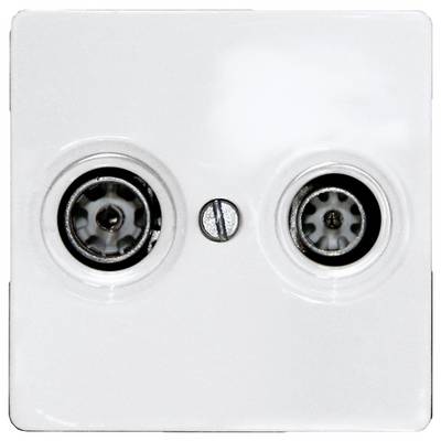 White TV and radio antenna socket with two connections in a rectangular, white casing.