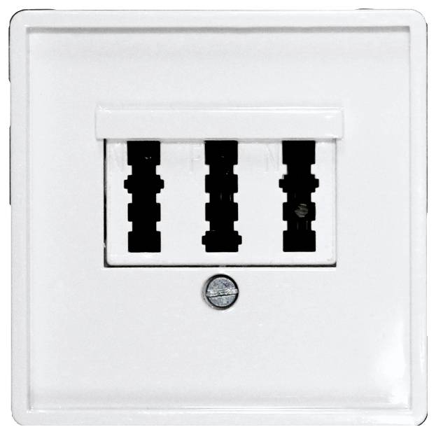 White triple socket with a switch in the middle, suitable for various electrical devices.