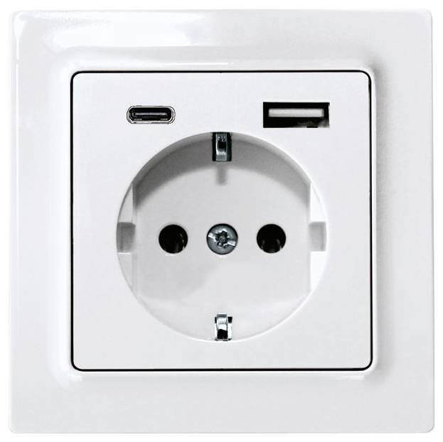 White wall socket with integrated USB-A and USB-C ports, suitable for simultaneously charging devices and connecting electrical equipment.