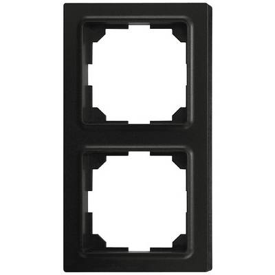 Black double frame for two power sockets. Rectangular shape with vertical arrangement of openings.