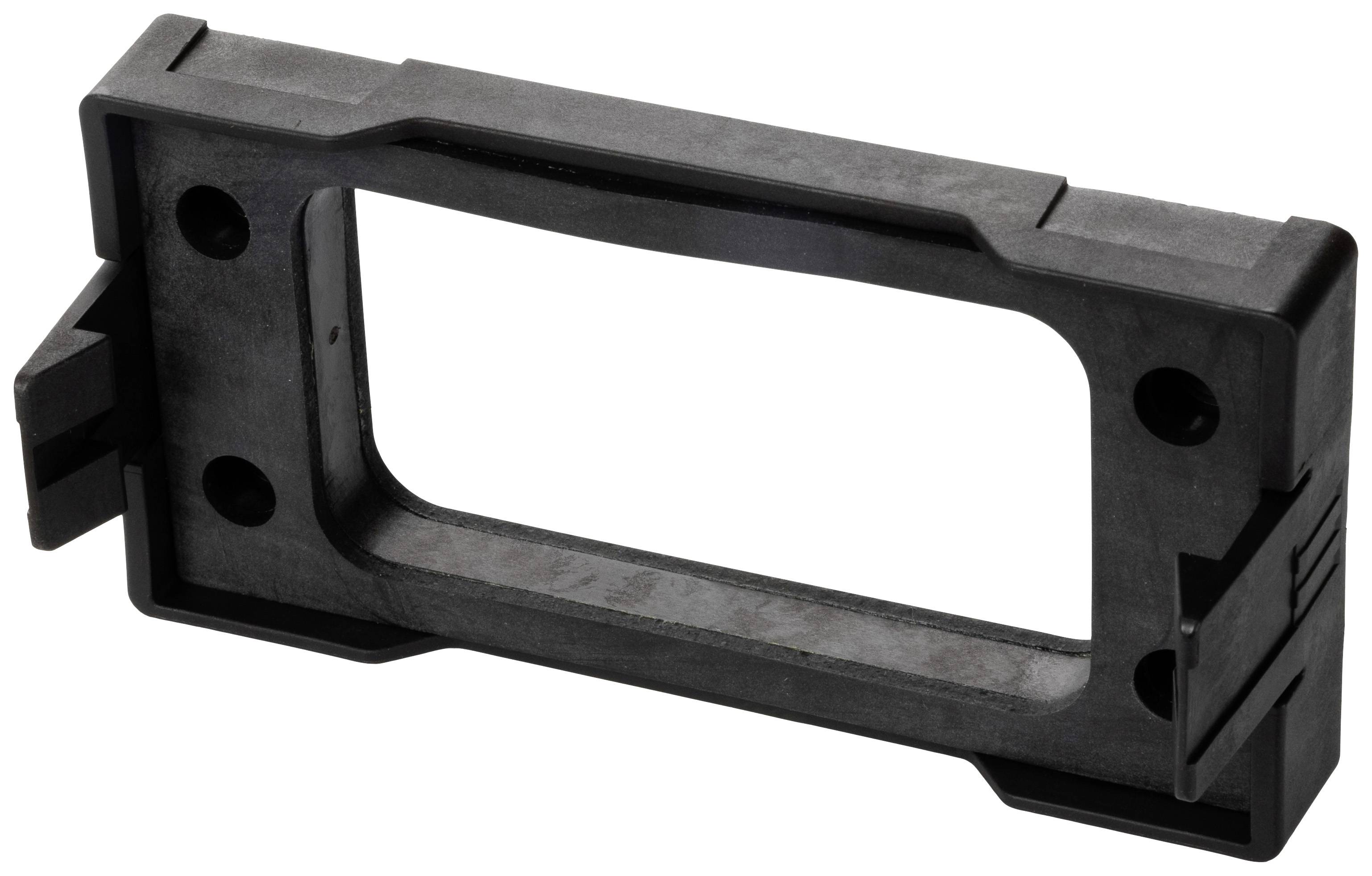 A rectangular black plastic frame with rounded corners and screw holes.