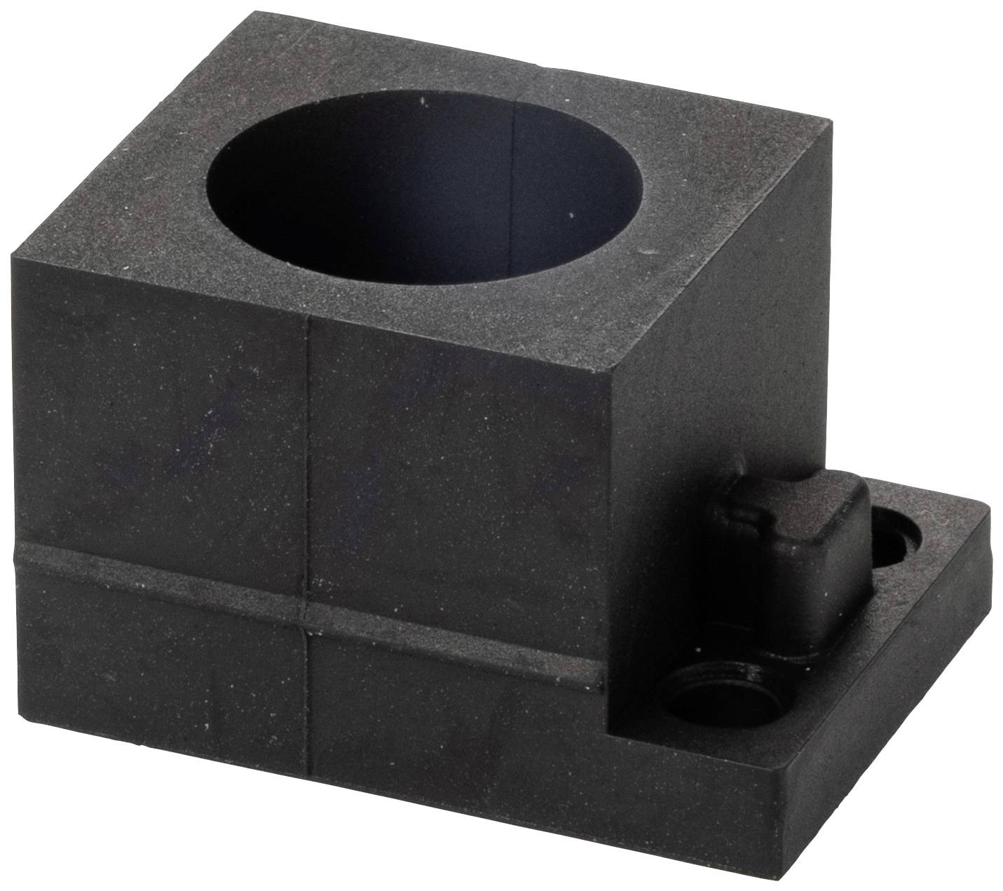A black, square plastic block with a circular hole in the centre and two mounting holes at the base.