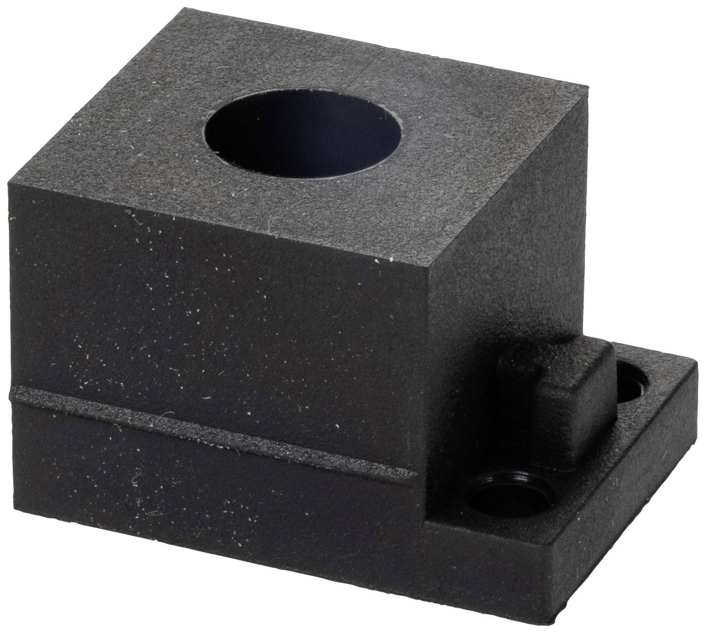 Black, rectangular sensor housing block with a round opening and two mounting holes on the underside.