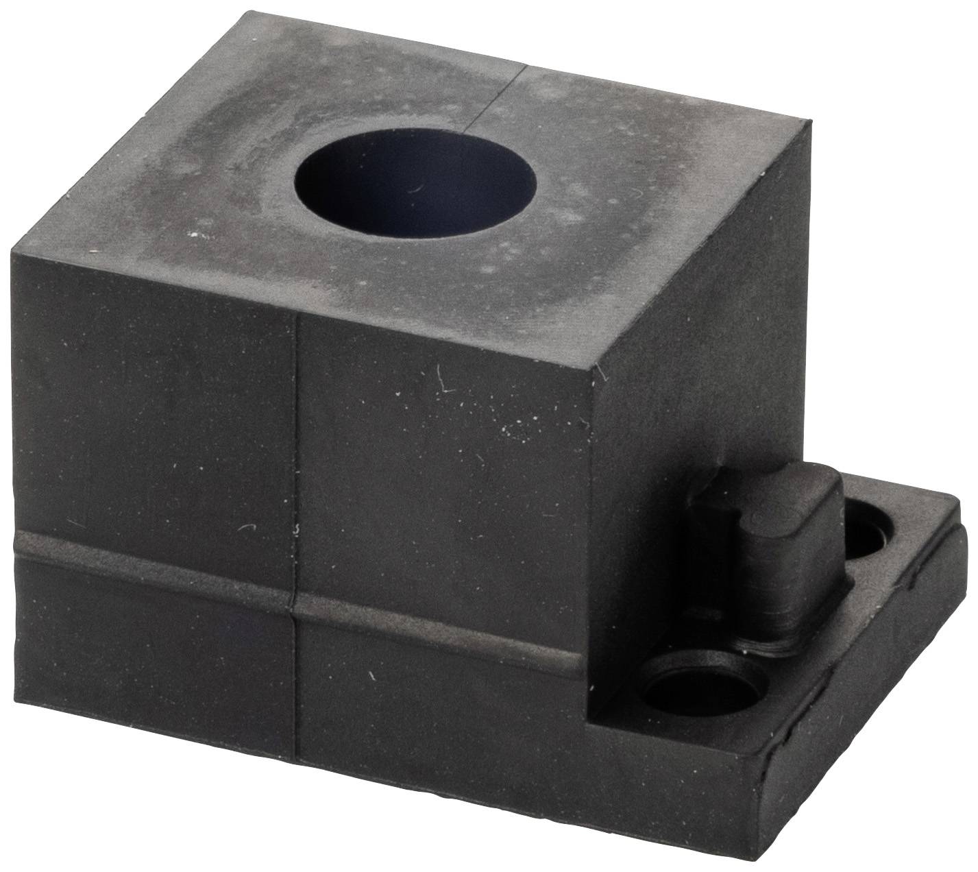 A black, cubic sensor block with a central aperture and two mounting holes at the base, set against a white background.