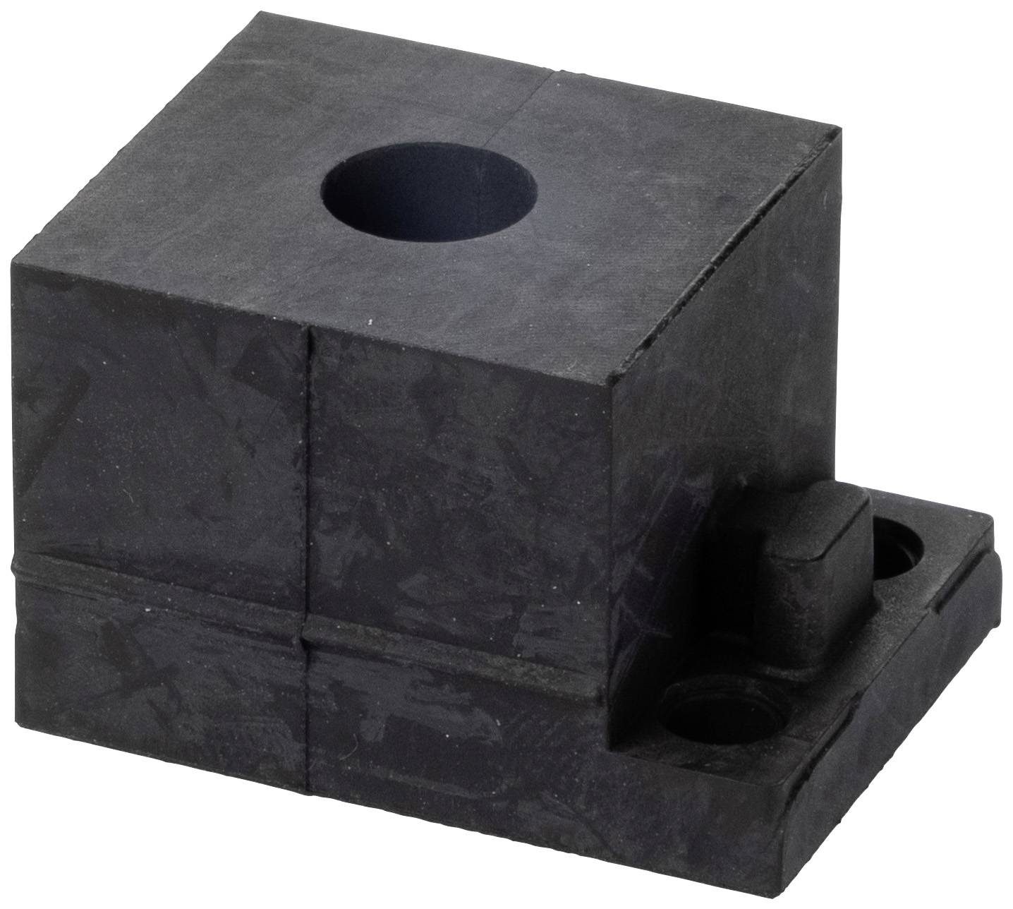 Black plastic block with two holes and a right-angled base.