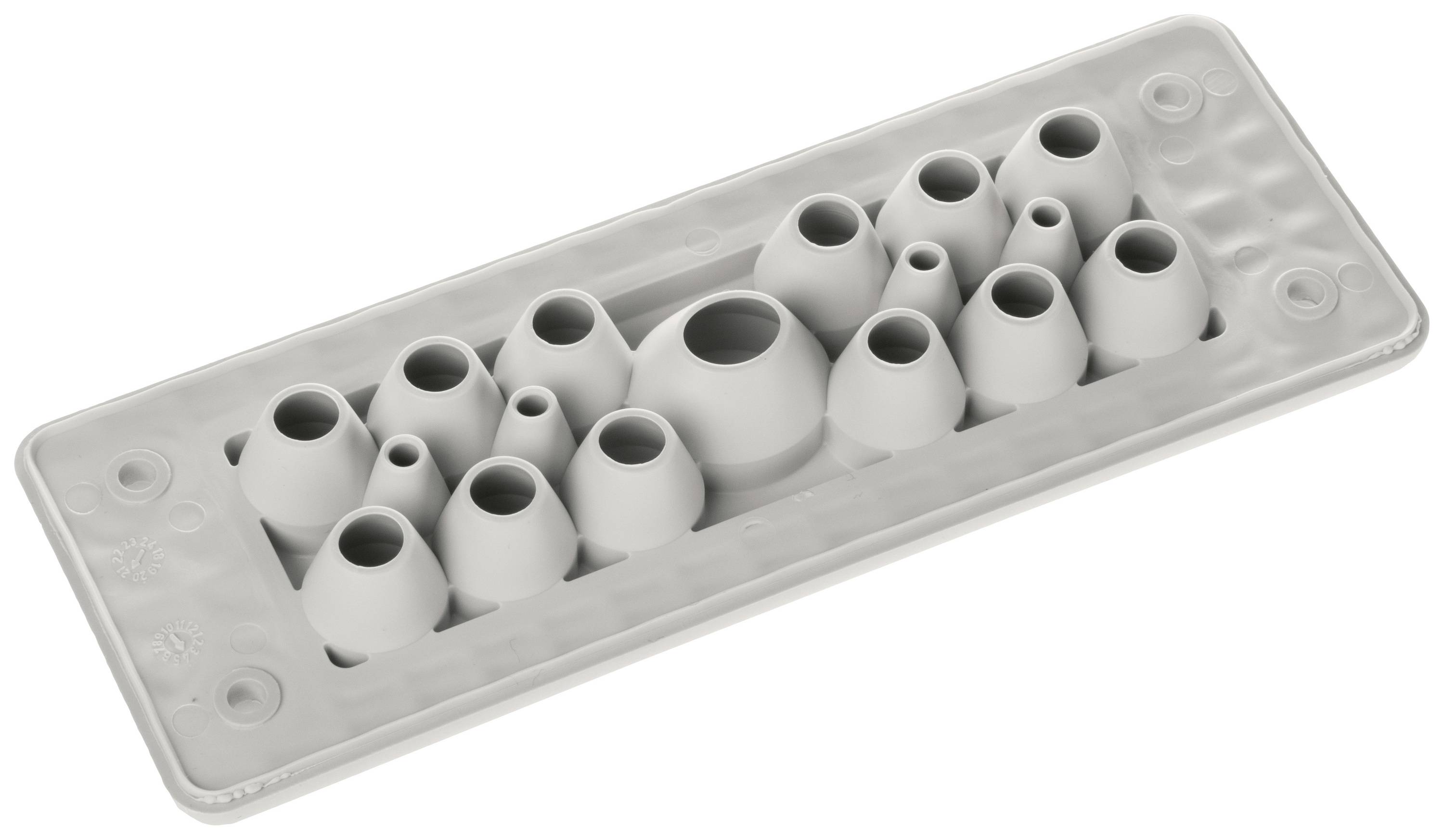 A rectangular plastic component with multiple conical cavities of varying sizes on a flat base.