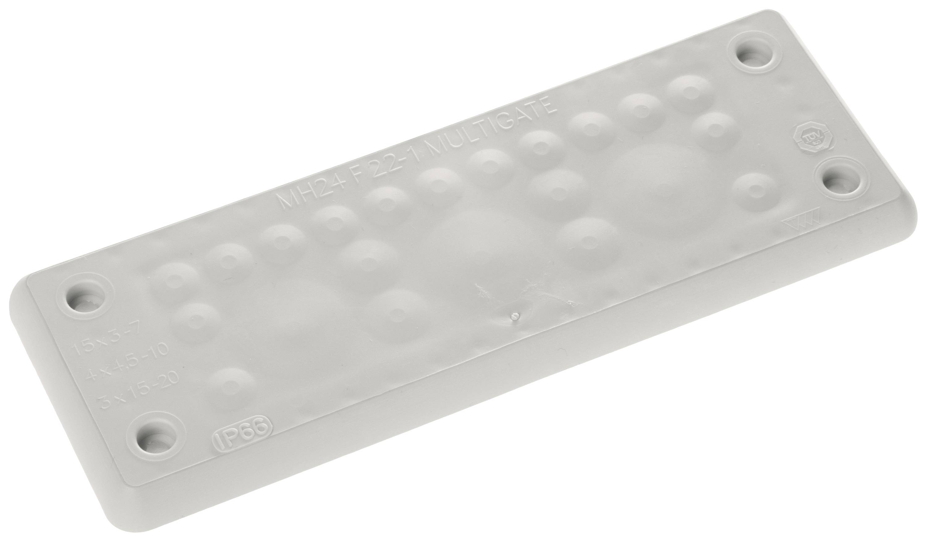Grey rectangular plate with several recessed areas and screw holes in the corners, labelled with 'IP66'.