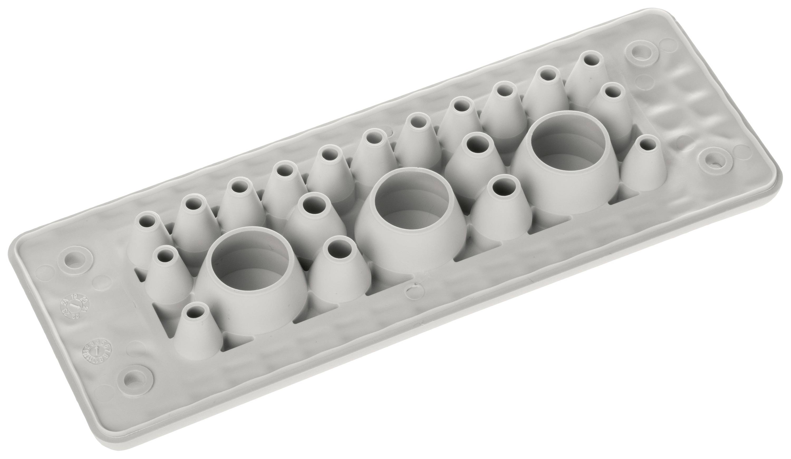 Grey cable grommet with multiple tapered openings in various sizes. Rectangular shape, suitable for cable management.