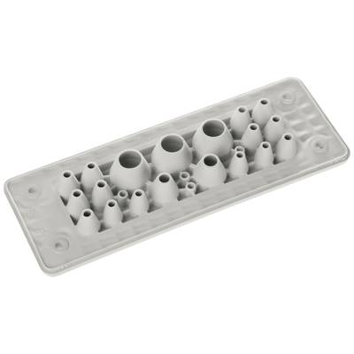Grey plastic component, rectangular, with multiple conical and round openings. Used for sealing cables or pipes.