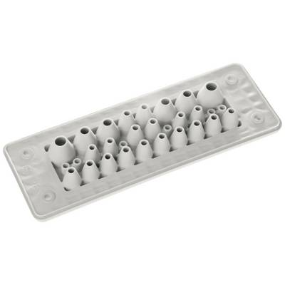 A grey cable grommet with multiple openings of varying sizes for routing cables through control panels or enclosures.
