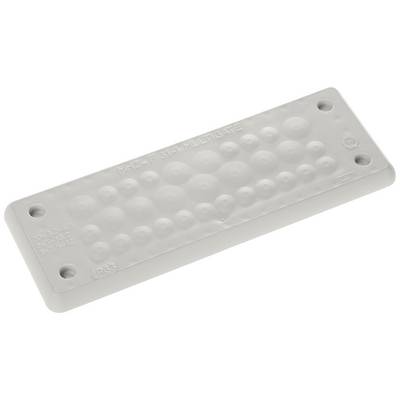 Rectangular grey cover with multiple round protrusions and holes at the corners. 'IP65' text and other markings visible.<br><br>Rectangular grey cover with several rounded bumps and holes at the corners. 'IP65' text and additional markings are visible.