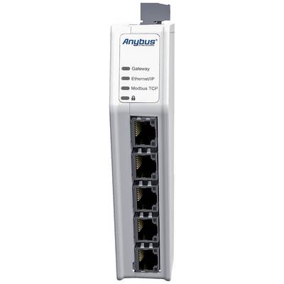 An industrial network gateway adapter with multiple Ethernet ports and indicators for gateway, Ethernet/IP, and Modbus TCP.