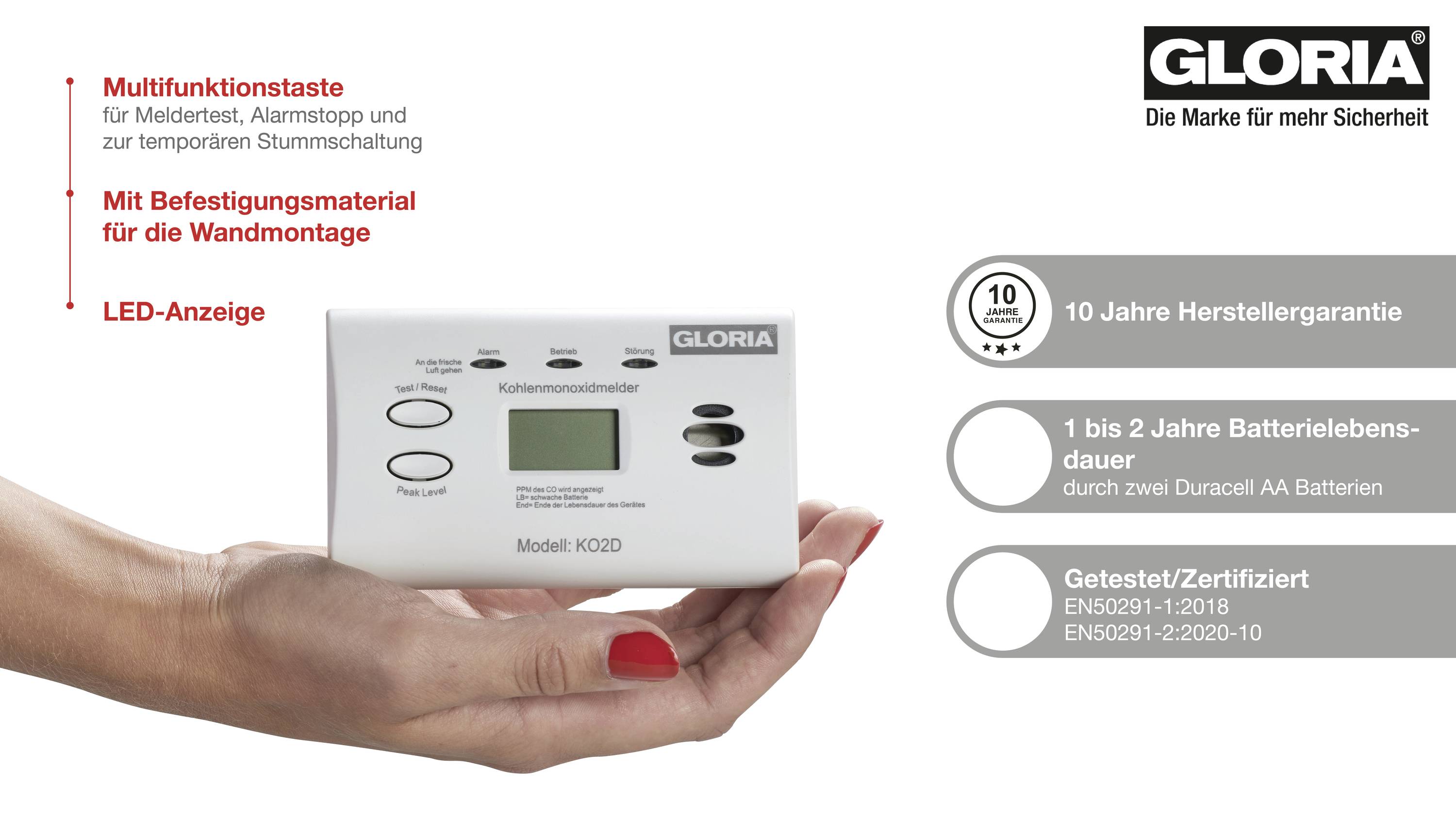 'GLORIA Carbon Monoxide Detector: Multifunction button for detector test, alarm switching. 10-year guarantee, 1-2 years battery life.'