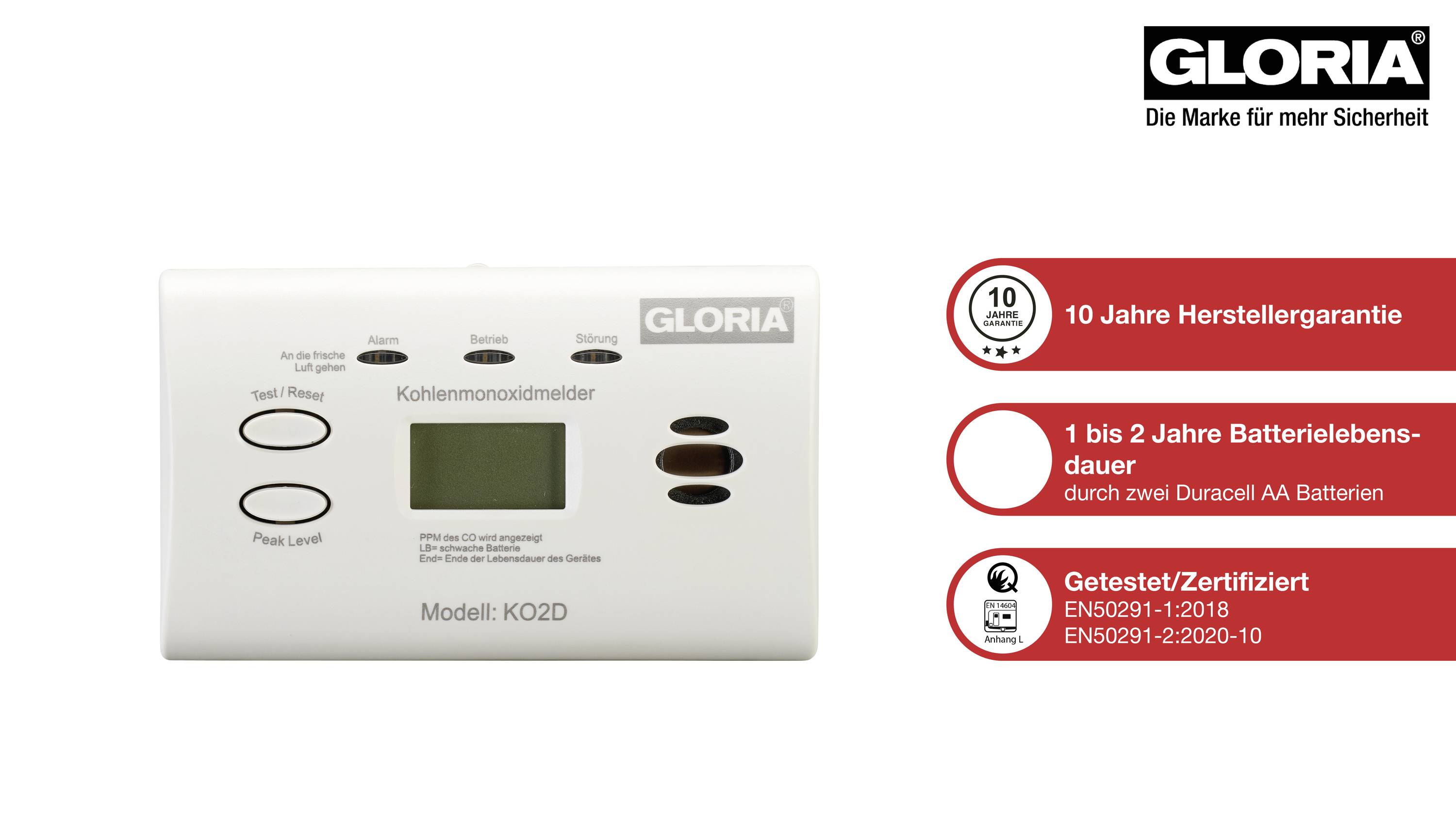 Carbon Monoxide Detector Model KO2D by Gloria with Digital Display. Left: Warranty, Battery Life and Certifications Highlighted.