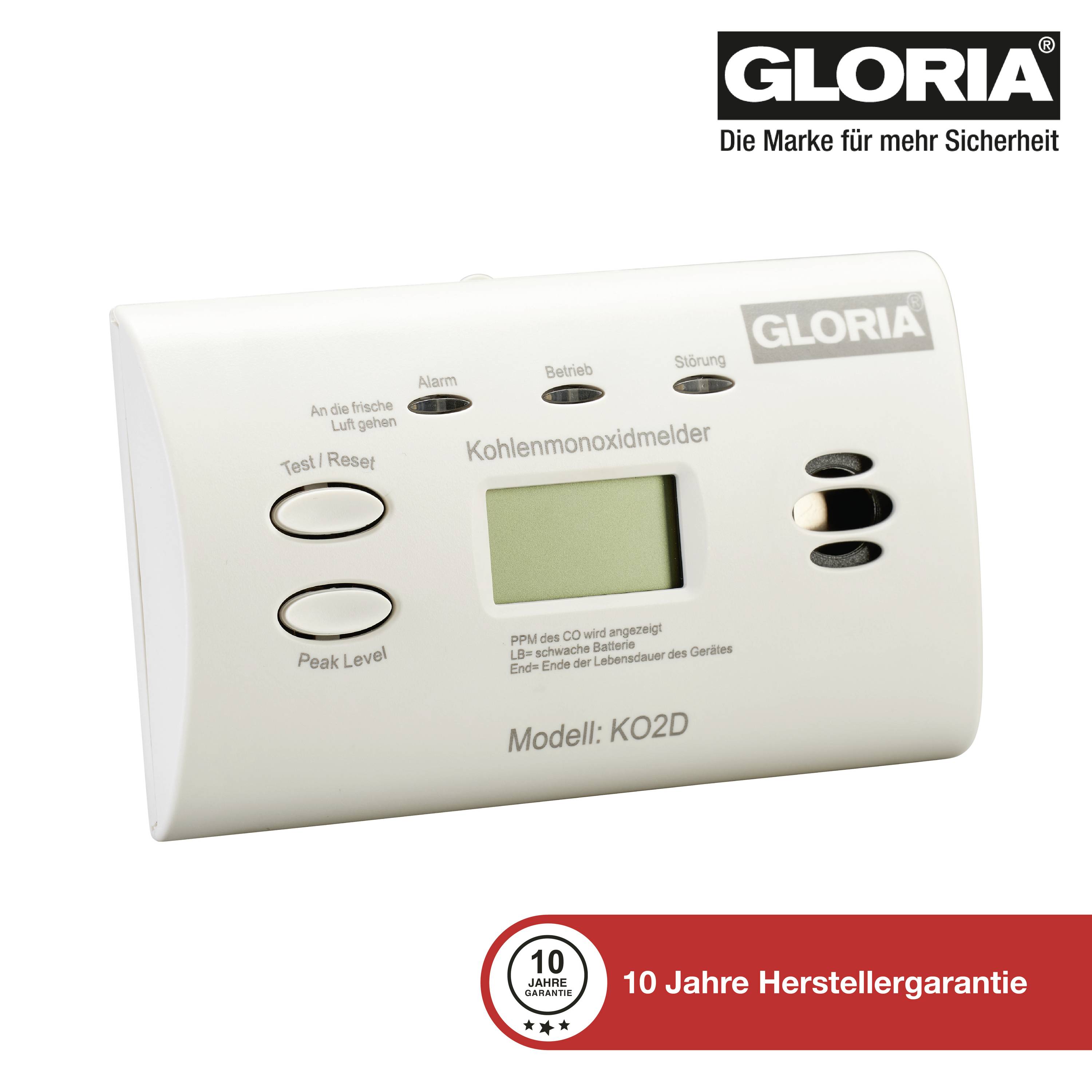 Carbon monoxide detector by 'Gloria', Model KO2D, with display and buttons. 10-year manufacturer's warranty.