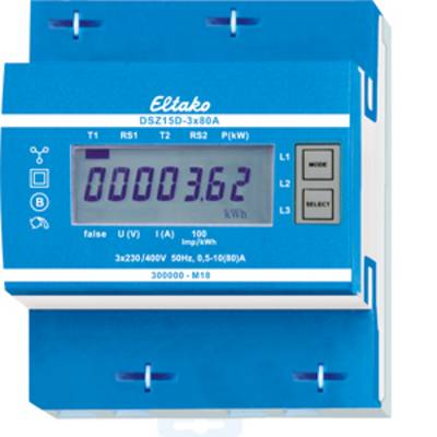A blue electricity meter displays '00036.2 kWh'. Symbols for settings are on the left, with a mode-change button on the right.