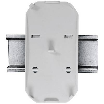 A white electrical socket, pictured head-on, mounted on a metallic mounting bracket.