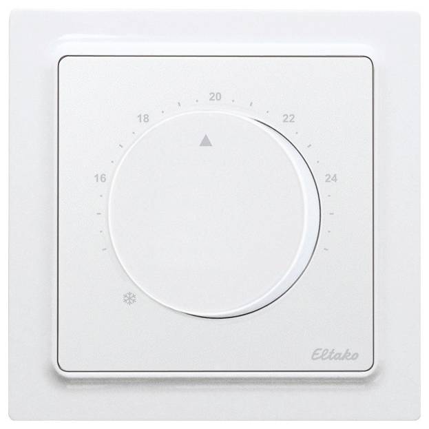 A white room thermostat with a rotary dial and temperature scale ranging from 16 to 24 degrees Celsius.