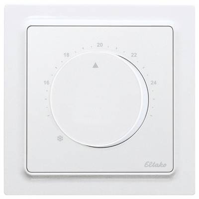 A white wall-mounted thermostat with a rotary dial, temperature range from 16 to 24 degrees Celsius; brand 'Eltako'.