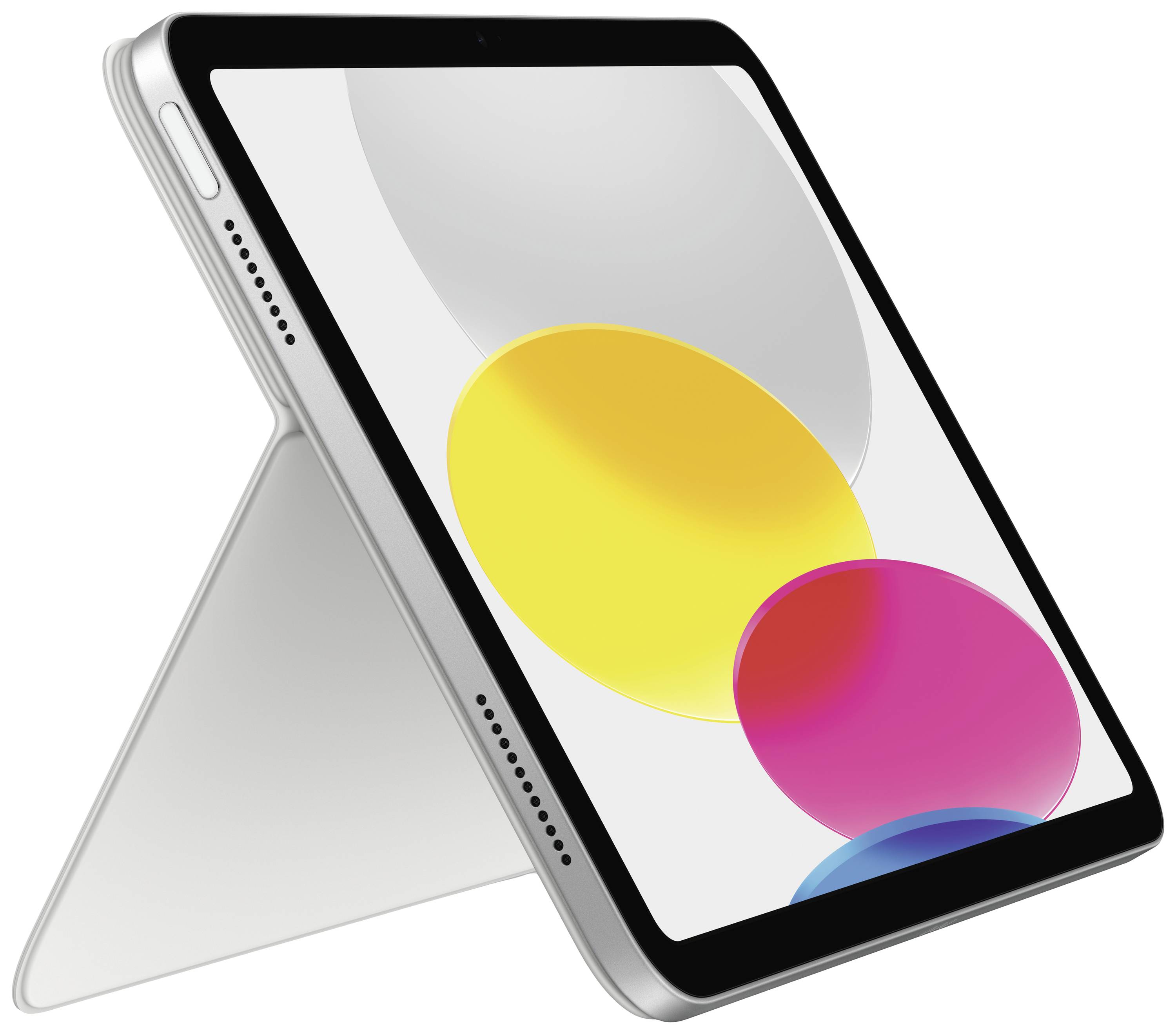 Tablet with folded-out stand. Colourful, overlapping circles in yellow, pink, and grey are visible on the screen.