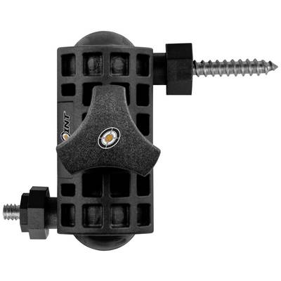 Black plastic component with two screws. The part has a round, knurled surface and a rotatable central handle.