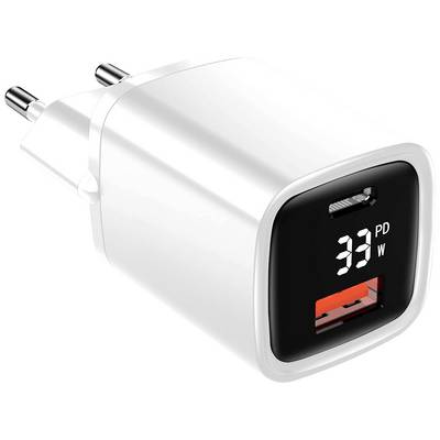 A white USB charger with two plug pins displays '33 PD W' on a small display. It has a USB-A port.