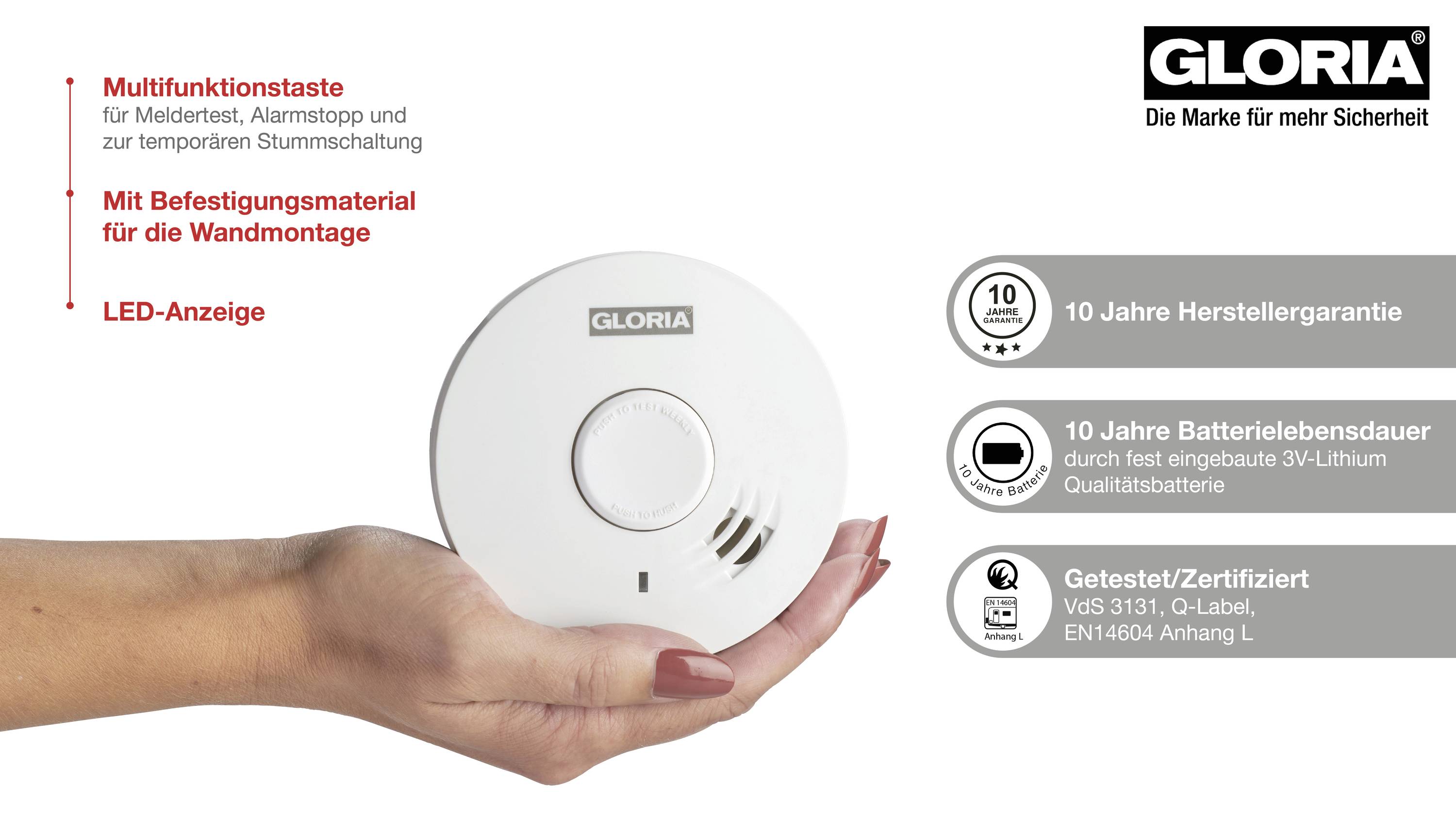 Smoke detector by GLORIA in one hand, with LED indicator and multi-function button. Warranty symbols and technical specifications.