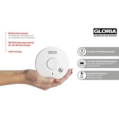 Smoke detector by GLORIA in one hand, with LED indicator and multi-function button. Warranty symbols and technical specifications.
