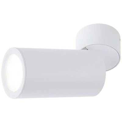 White cylindrical ceiling light with modern design, clear lens, and adjustable spotlight for targeted illumination.