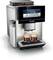 Siemens coffee machine with two filled espresso glasses on the tray and a digital display with selection options.