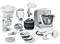 Various accessories for a food mixer, including mixing bowl, blender, meat grinder, whisk and grating discs.