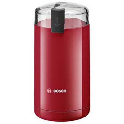 Red Bosch coffee grinder with transparent lid and black button on the top surface.