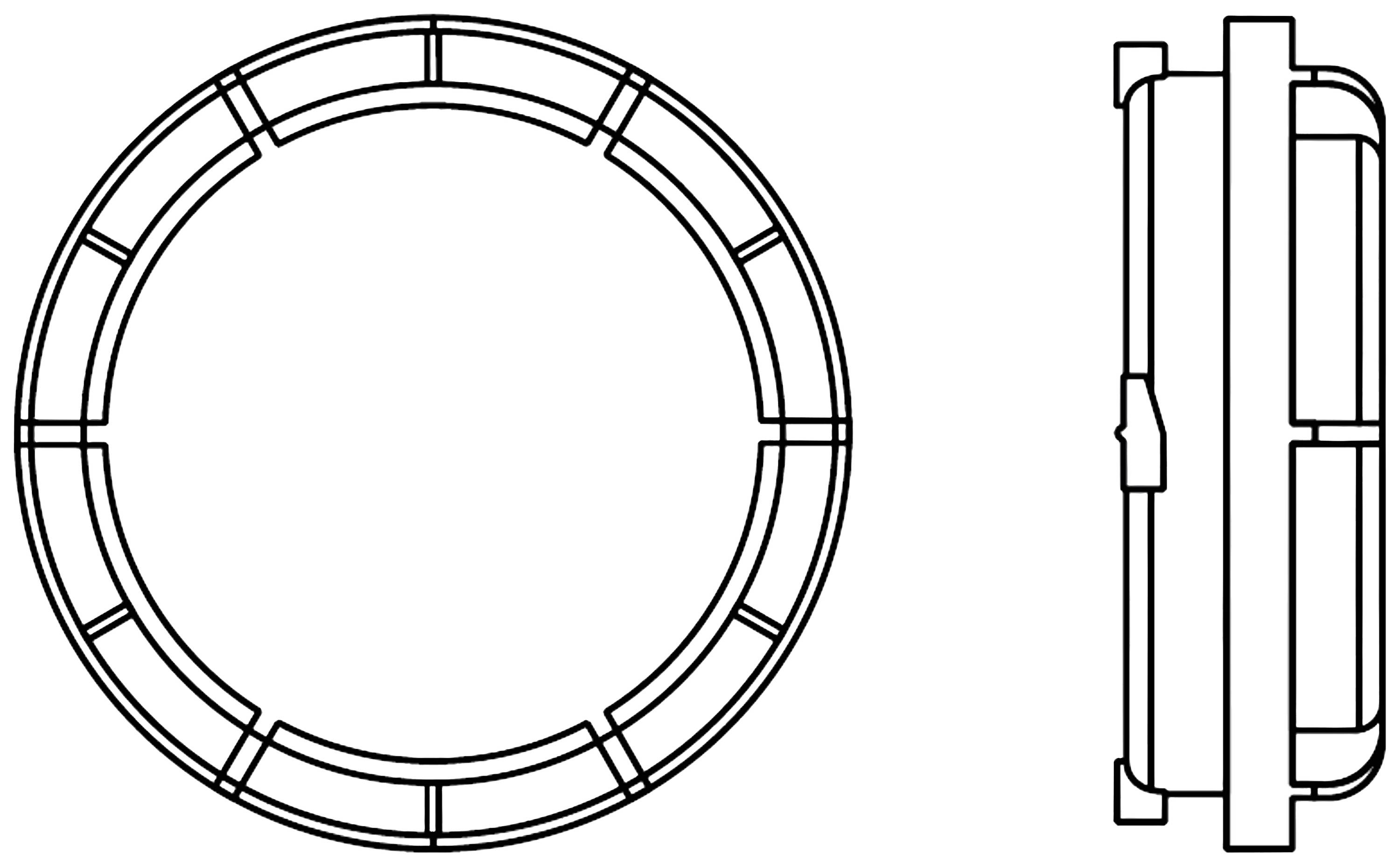 Technical drawing of a circular sealing ring, front and side view, with lines showing the dimensions and shape.