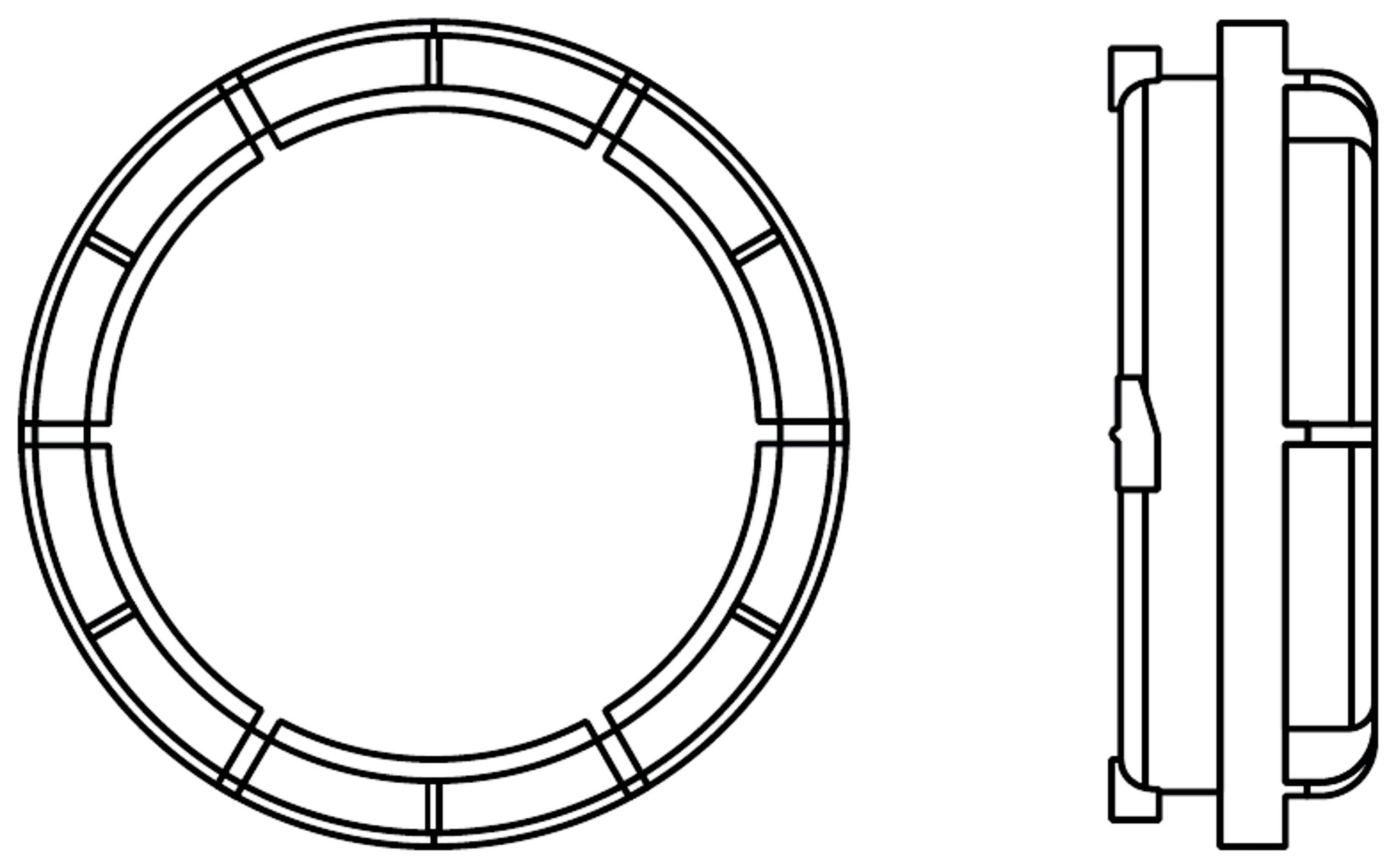Technical drawing of a circular component shown from above and the side, with visible notches and structural details.